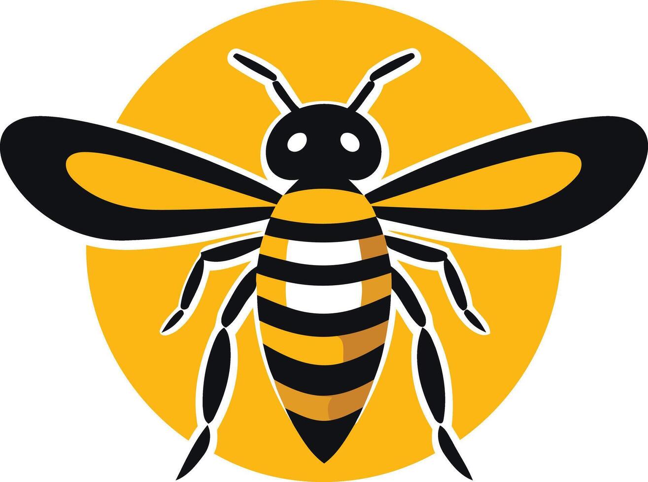 A stylized bee with black wings and a yellow and black striped body, perched on a yellow sun vector