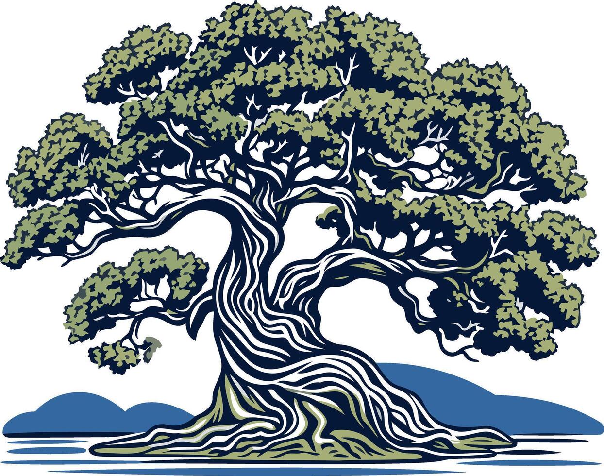 A majestic, stylized tree stands tall and proud, its gnarled branches reaching towards the sky vector