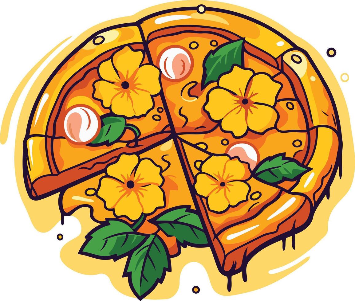 A fun, cartoon style illustration of a pizza with yellow flowers on top vector