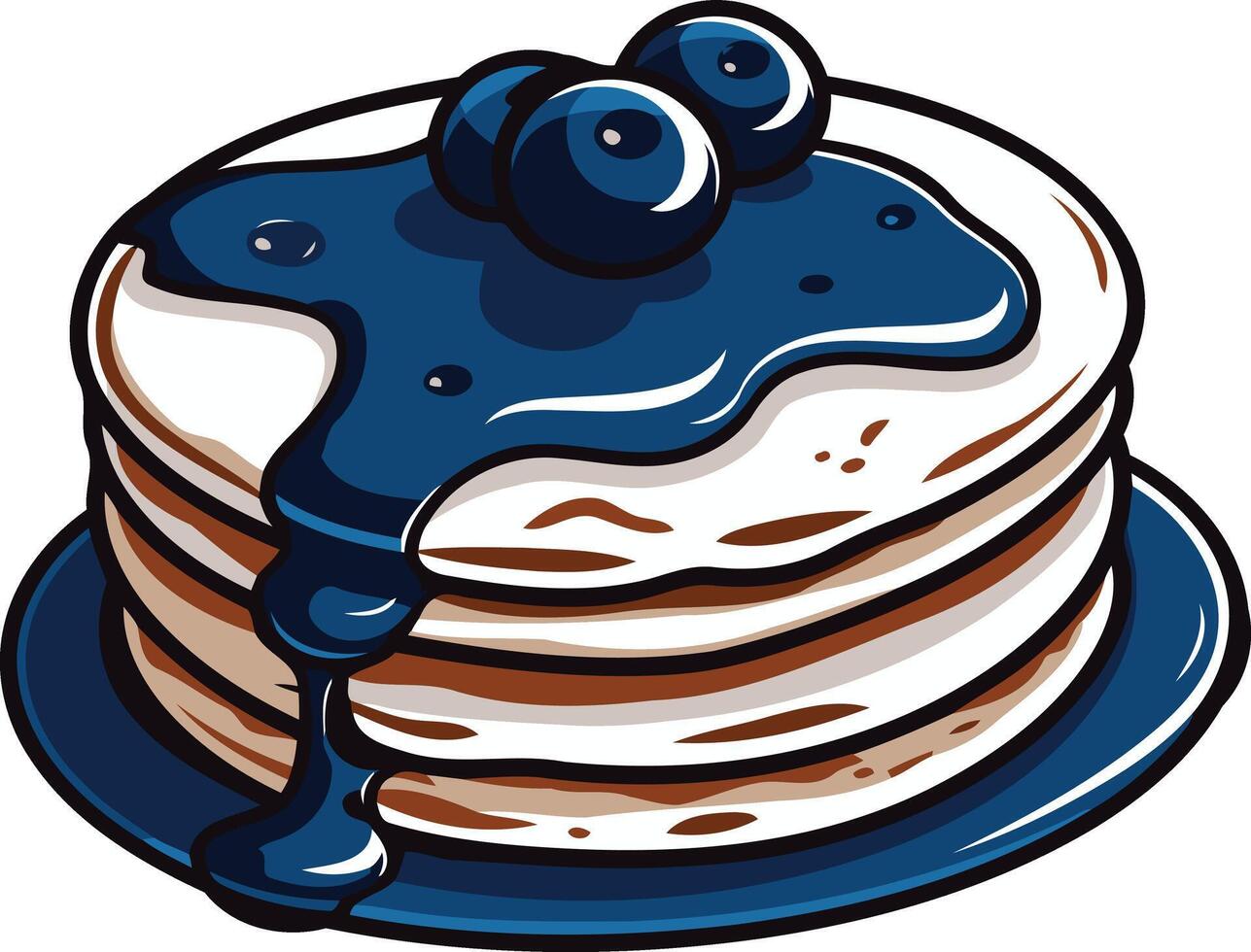 Cartoon illustration of a stack of fluffy pancakes drizzled with blueberry syrup and topped with fresh blueberries vector