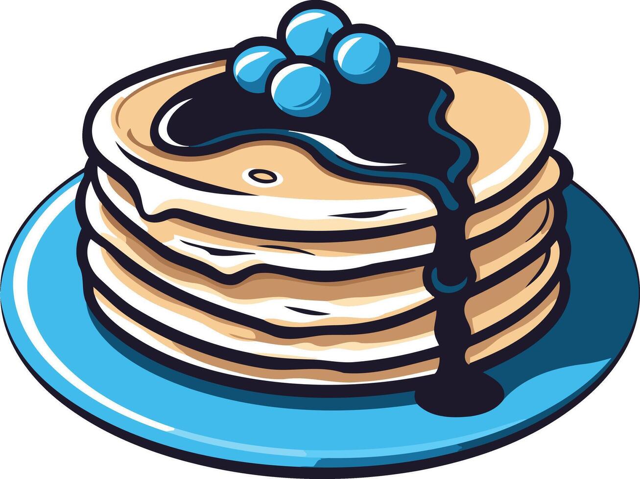 A cartoon illustration of a delicious stack of pancakes, drizzled with syrup and topped with blueberries vector