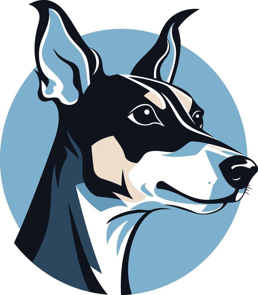 A bold, stylized illustration of a black and white dog's head in a circular frame, perfect for logo design, branding, or pet related projects vector