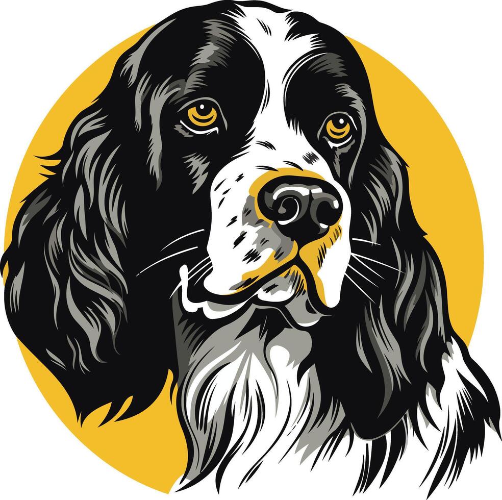 A striking illustration of a springer spaniel's head, rendered in bold black and white against a vibrant yellow background vector