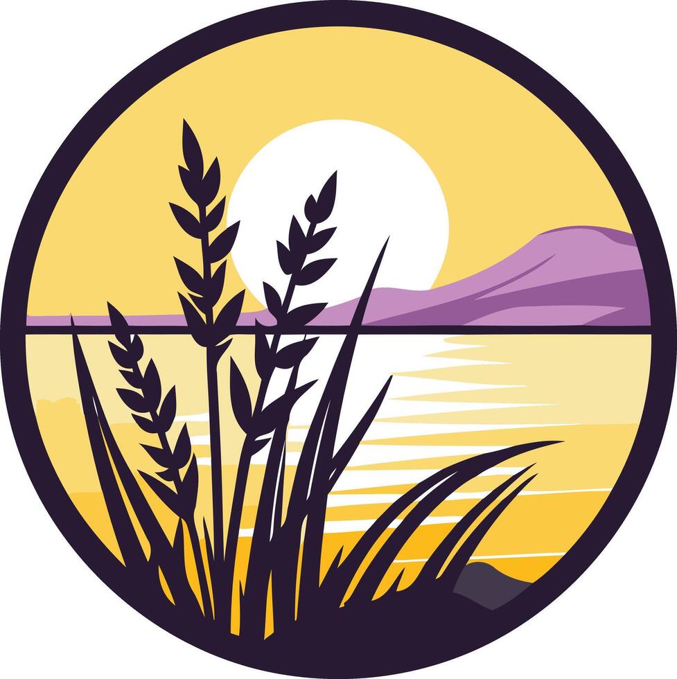 Simple and elegant logo design featuring a sunset over a lake, with tall grass in the foreground vector