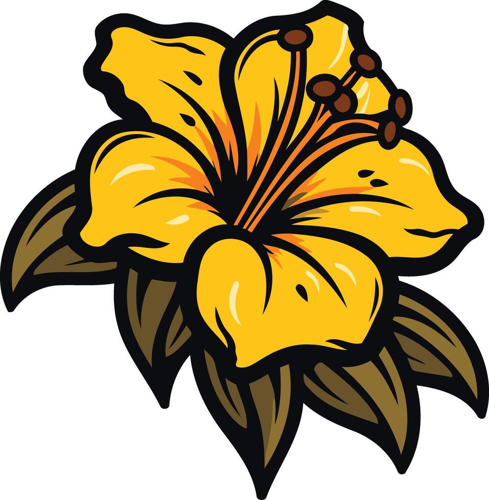 Vibrant yellow hibiscus flower with bold outlines and brown leaves, perfect for tropical and floral designs vector