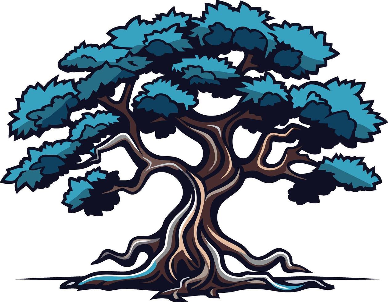 A vibrant, hand drawn illustration of a majestic tree with a thick trunk, gnarled roots, and lush blue foliage vector