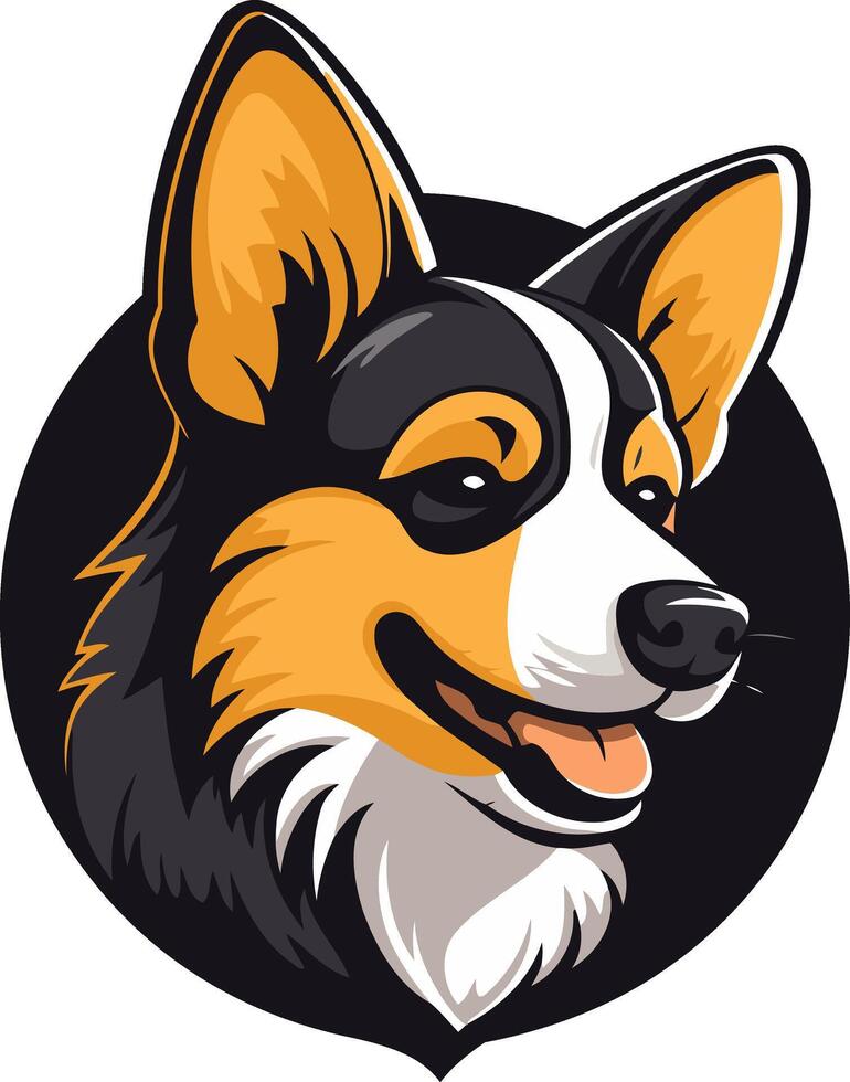 Smiling cartoon corgi head, black, white, and orange fur, round black background vector