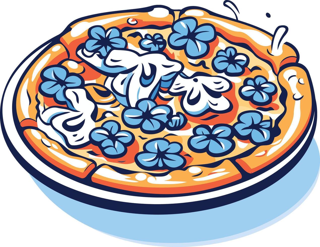 A whimsical illustration of a pizza with blue flower toppings, perfect for menus, food blogs, and social media vector