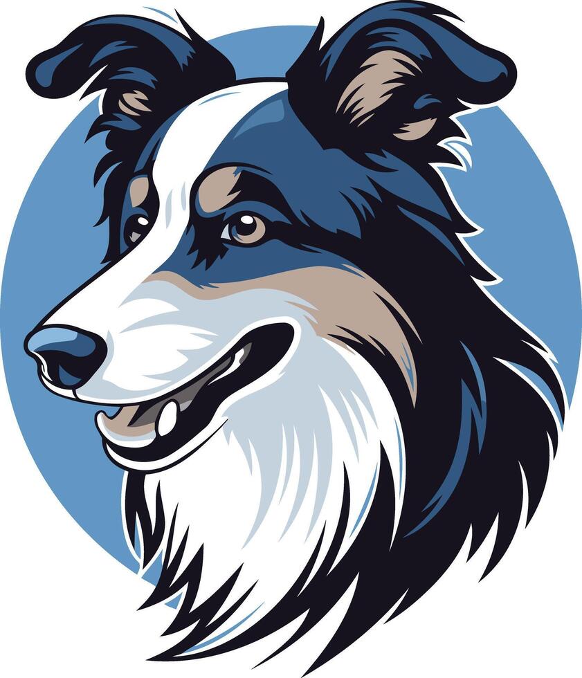 A friendly cartoon border collie with blue and tan markings, smiling against a blue background vector