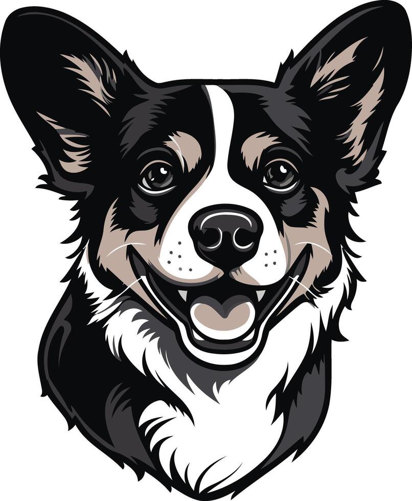 A friendly cartoon illustration of a black and white corgi's face, looking directly at the viewer with a happy smile vector
