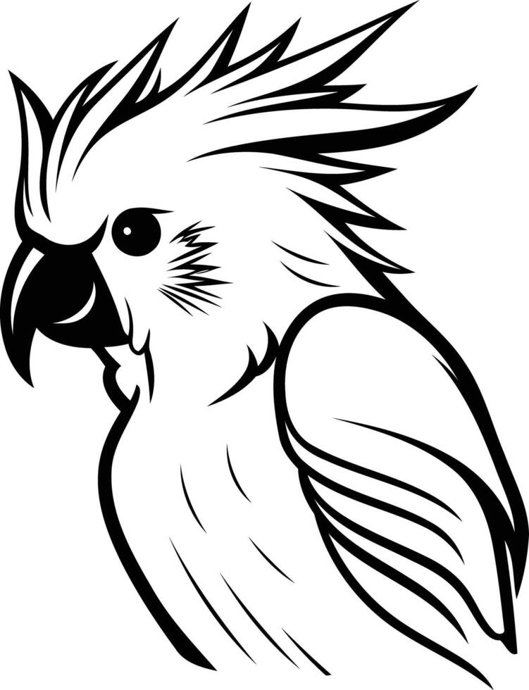 Black and white line art illustration of a cockatoo bird with a detailed and stylized design vector