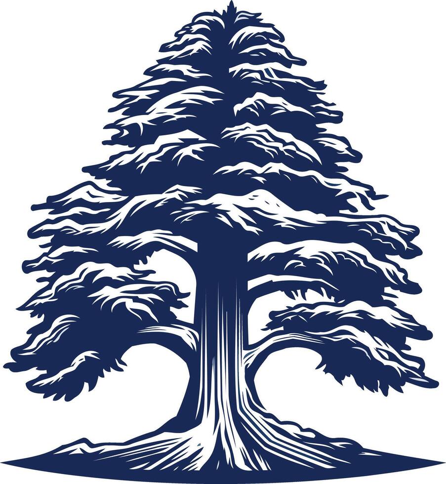 A majestic, blue silhouette of a cedar tree stands tall, symbolizing strength, resilience, and longevity vector