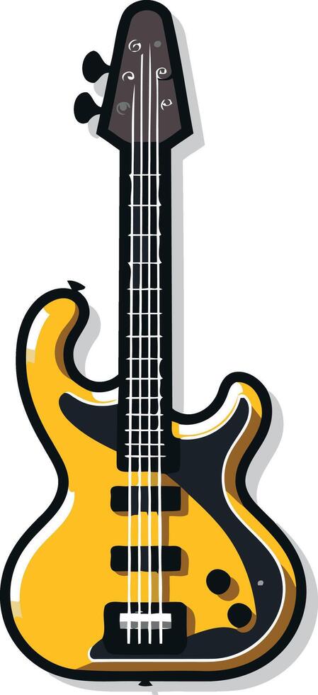 Cartoon illustration of a yellow bass guitar with a black outline vector