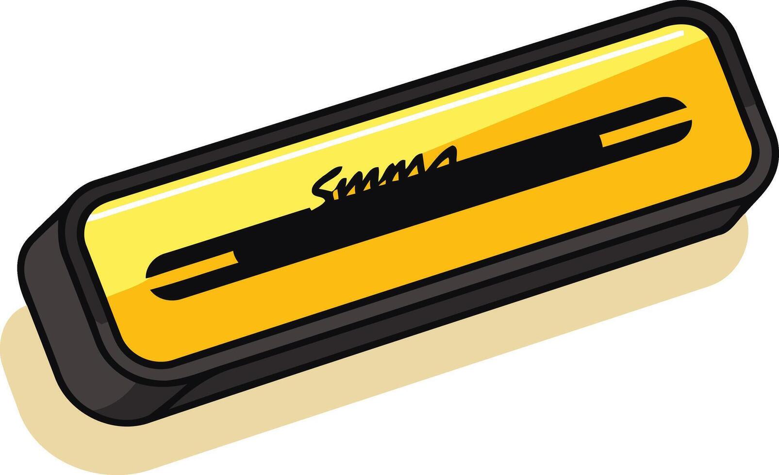 A cartoon style illustration of a yellow and black pen case with the word summa written across it vector