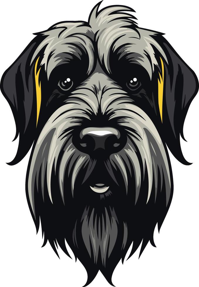 A close up portrait of a black and grey giant schnauzer with a friendly expression, perfect for branding, pet products, and social media vector