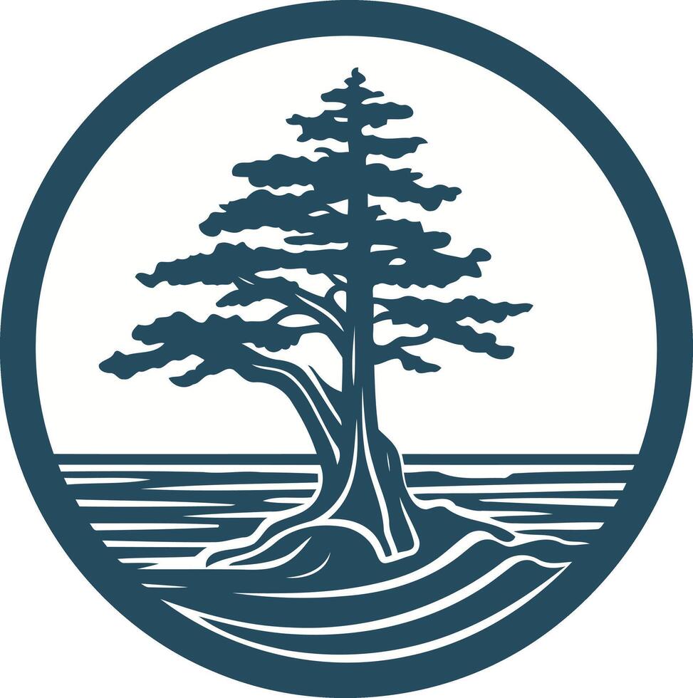 A stylized, circular logo featuring a blue pine tree growing from a circular island surrounded by water vector