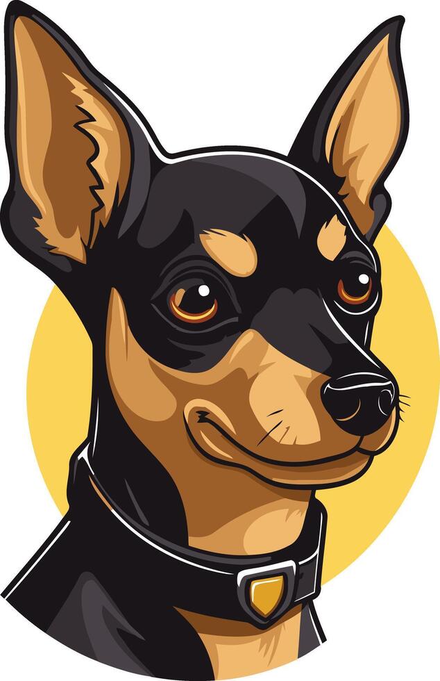 Cute cartoon illustration of a friendly black and tan miniature pinscher dog wearing a collar vector