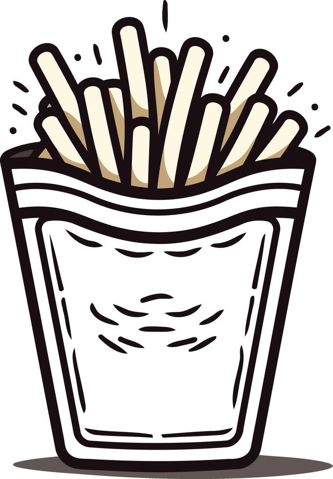 A simple, black and white line art illustration of a bag of french fries vector