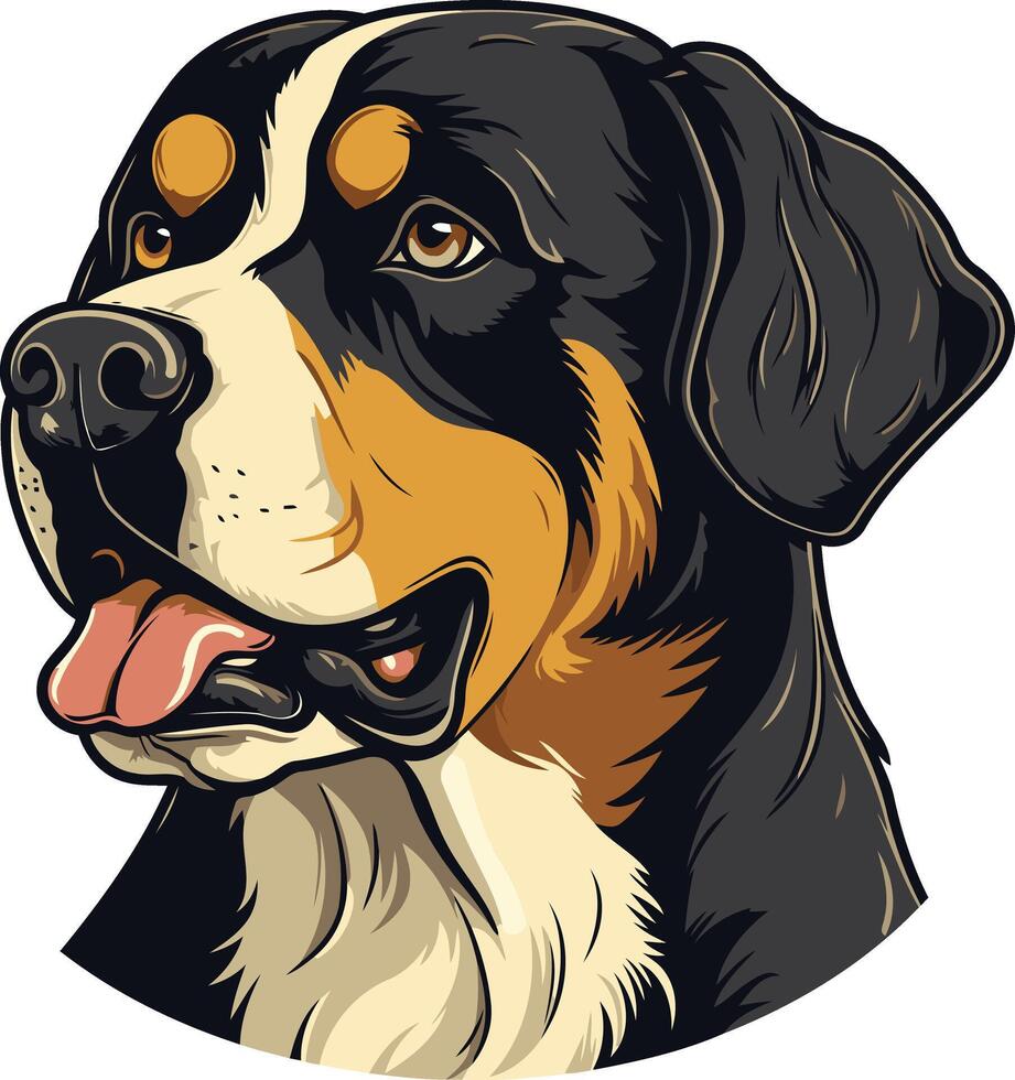 A detailed, illustrated portrait of a bernese mountain dog, showcasing its distinctive tri colored fur and friendly expression vector