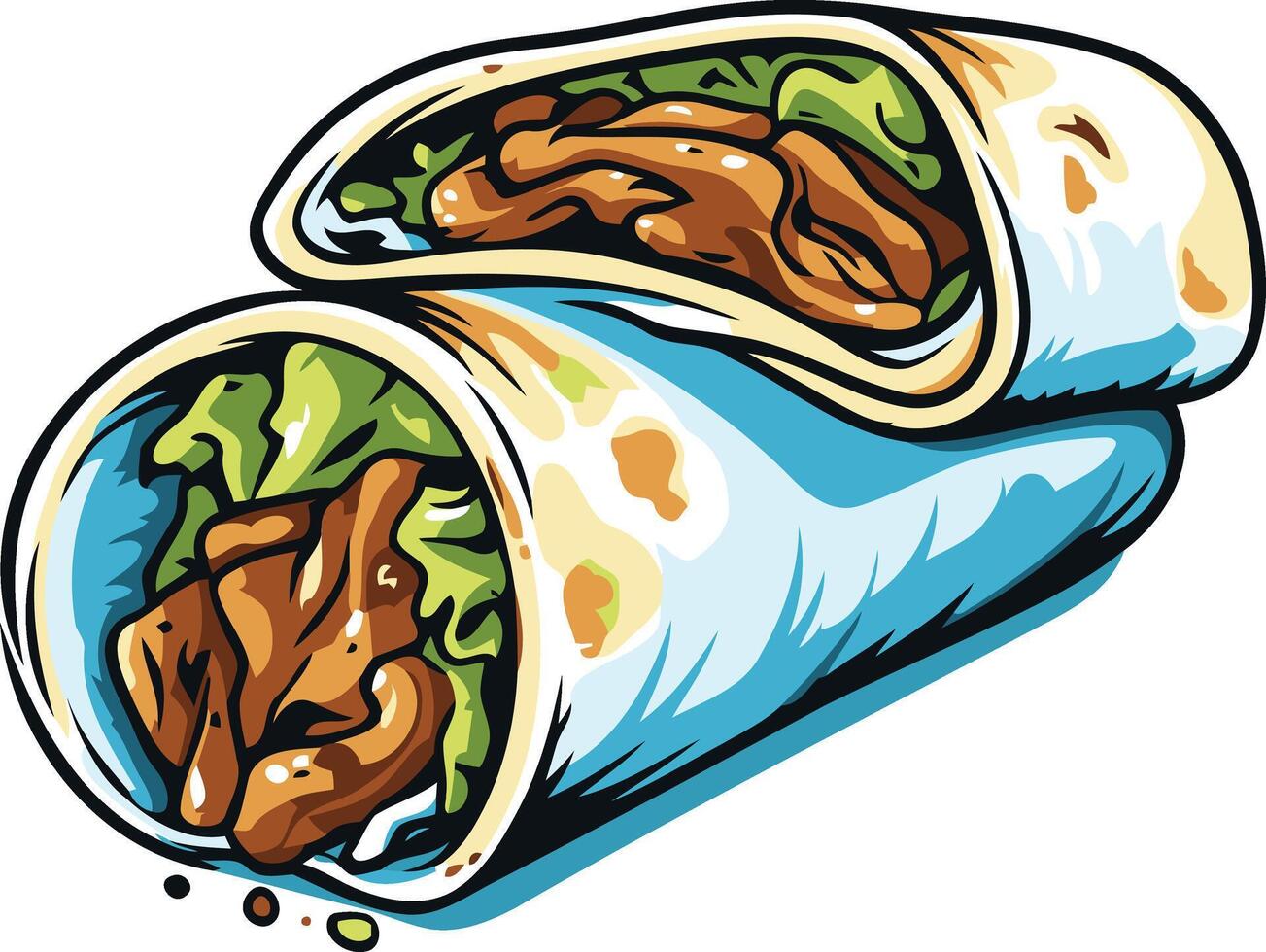 A colorful cartoon illustration of a delicious looking burrito, perfect for use in menus, social media posts, and food blogs vector