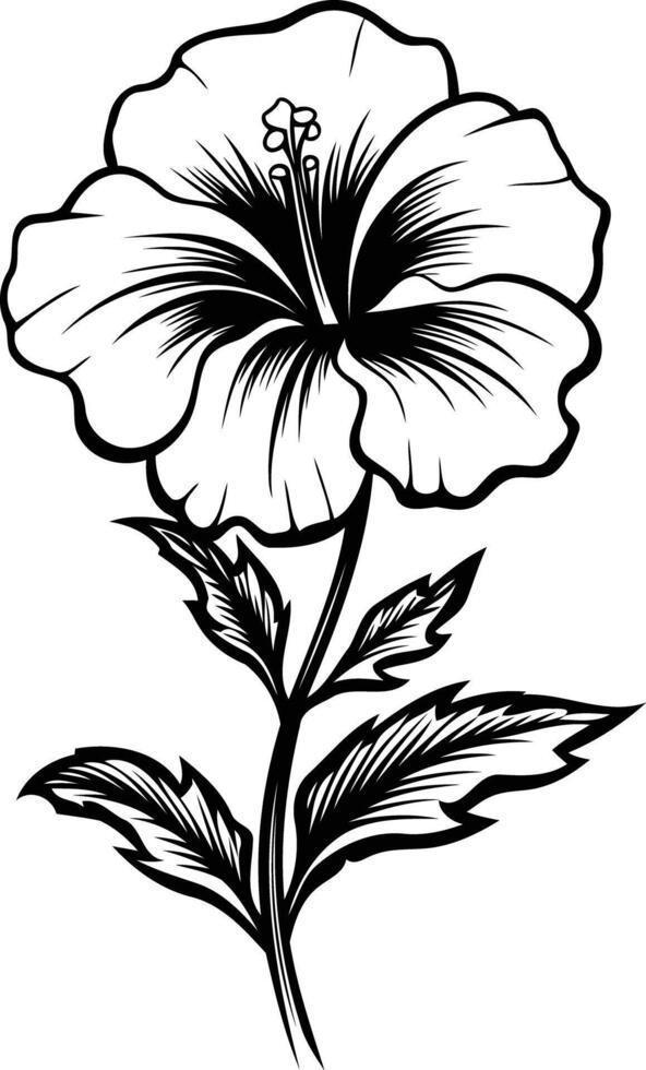 Elegant black and white silhouette of a single hibiscus flower with intricate details vector