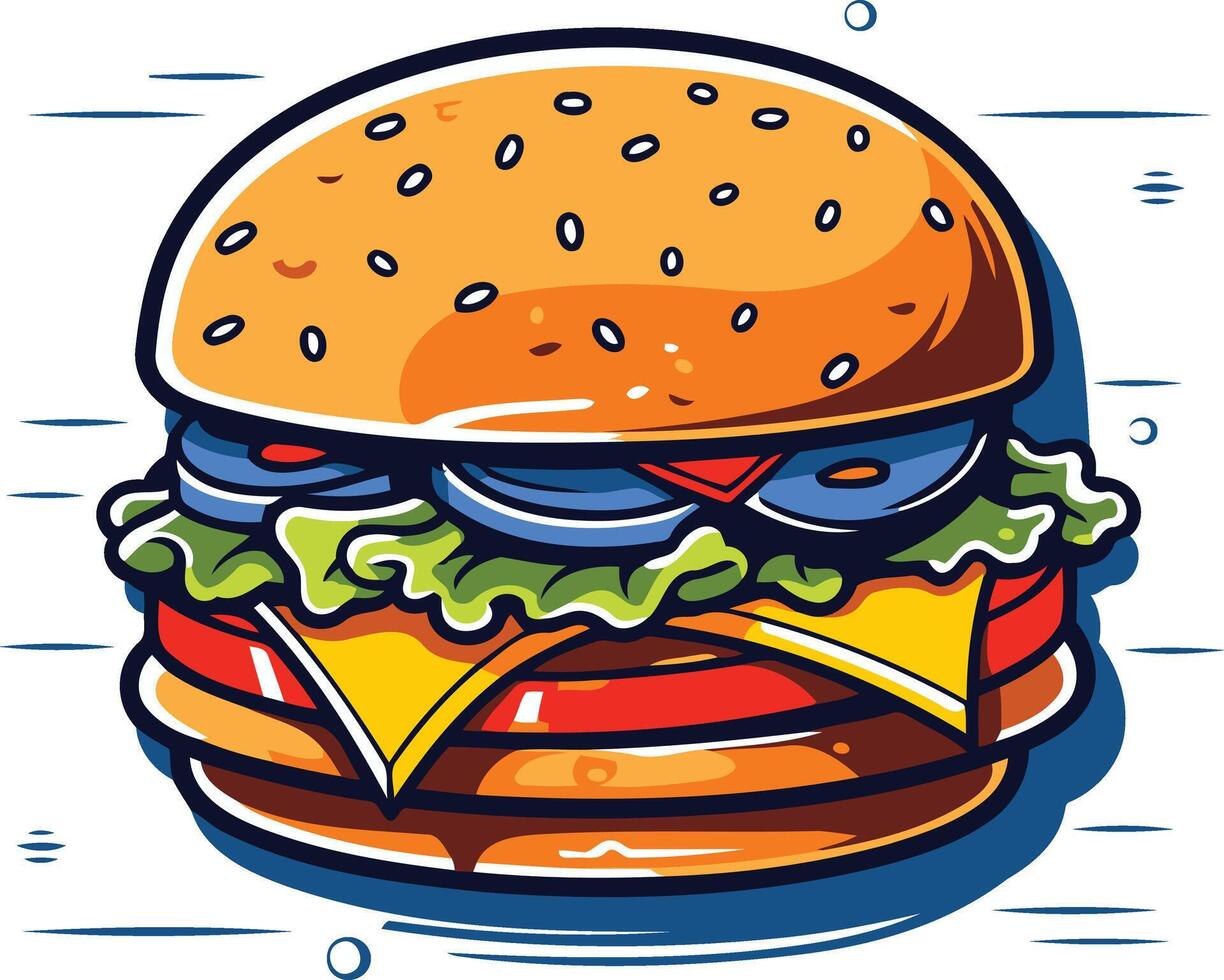 A juicy, cartoon style hamburger with all the fixings vector