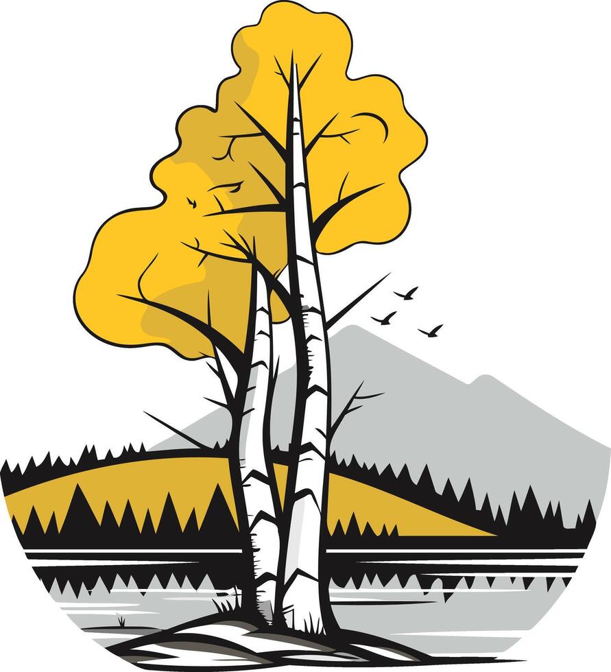 A stylized illustration of a birch tree with yellow leaves, set against a simple landscape vector