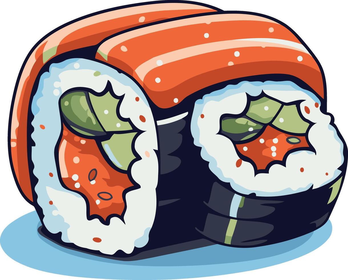Cartoon illustration of a delicious looking sushi roll with salmon on top, perfect for menus, social media, or fun food designs vector