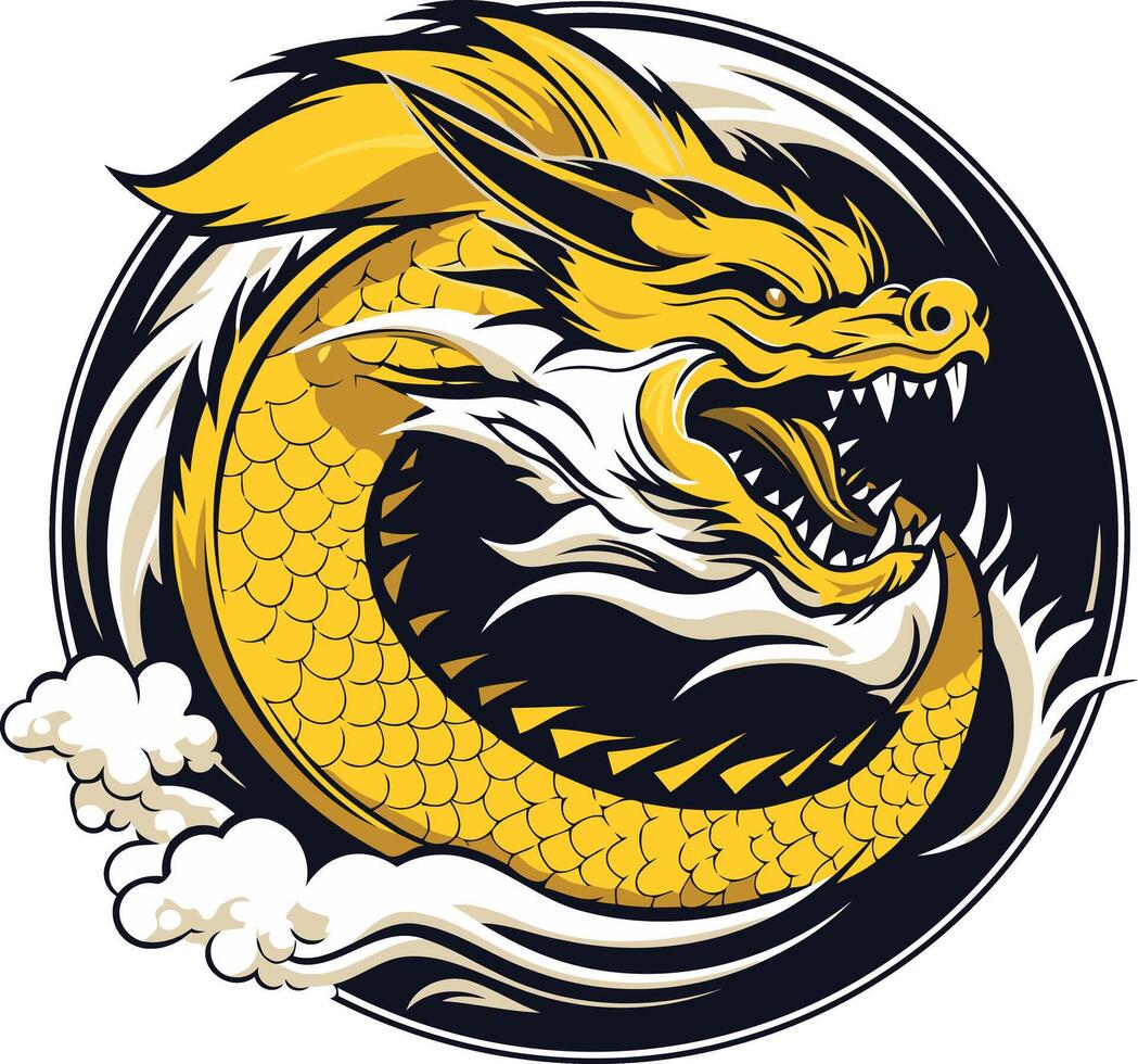 A fierce and powerful golden dragon in a circular design, perfect for use as a logo, tattoo, or graphic design element vector