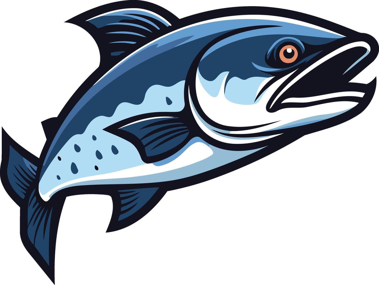 A vibrant cartoon illustration of a blue fish jumping out of the water, perfect for logos, branding, and fishing related designs vector