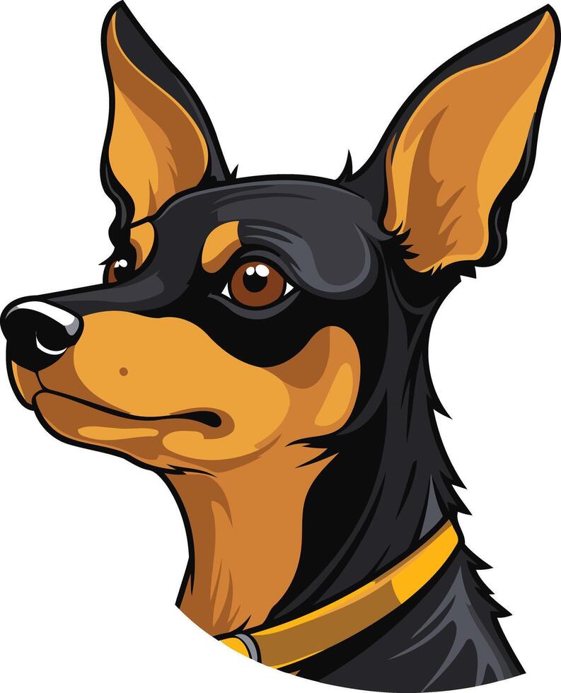 A cute and cartoonish illustration of a black and tan miniature pinscher dog with a yellow collar vector