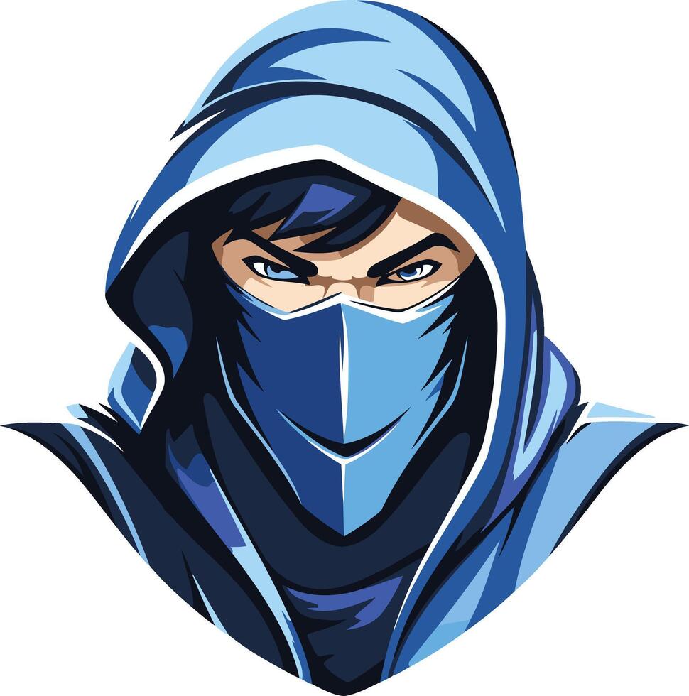 A cool, mysterious, and powerful blue masked ninja character avatar in a hooded cloak, perfect for gaming channels, esports teams, and social media profiles vector