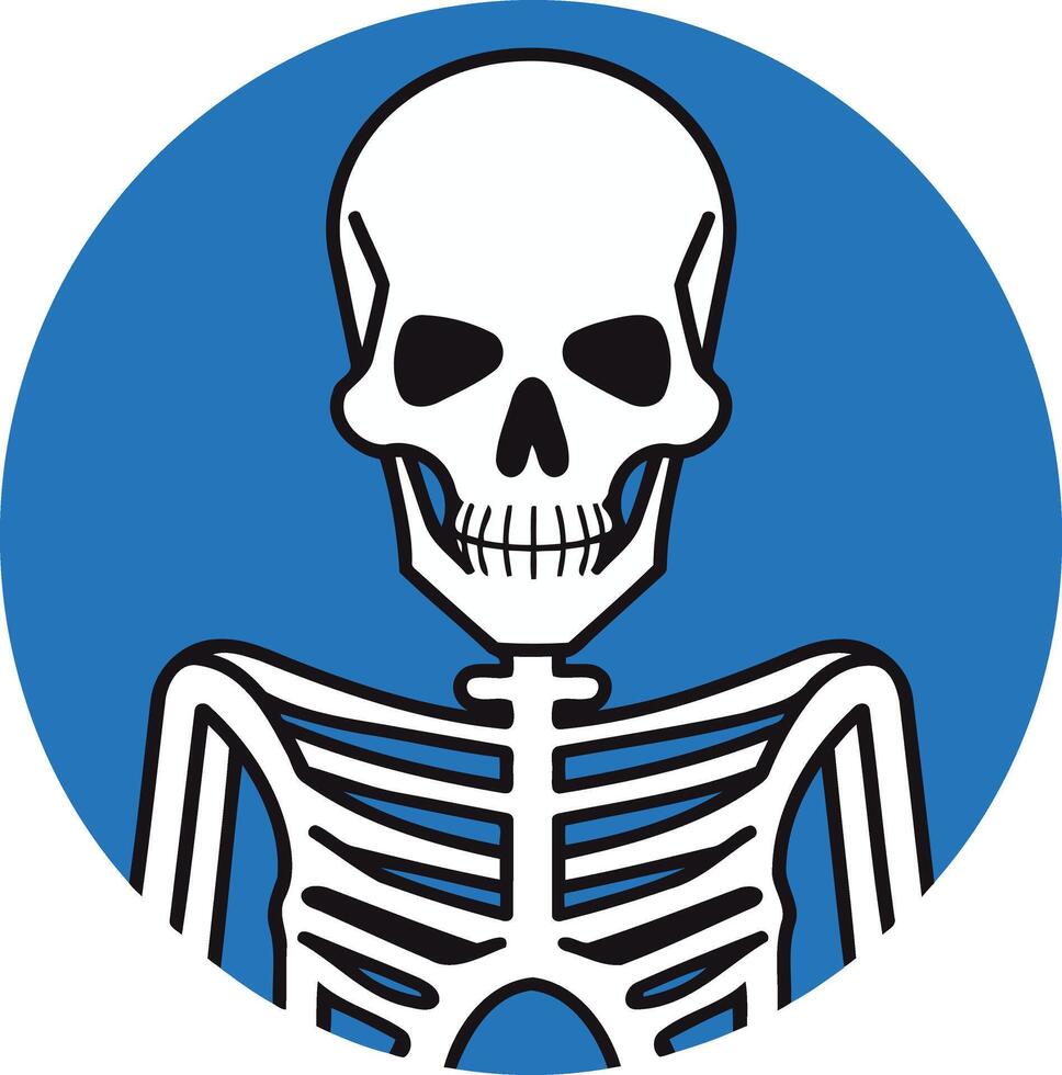 A simple, bold illustration of a skeleton's skull and ribs against a vibrant blue background vector