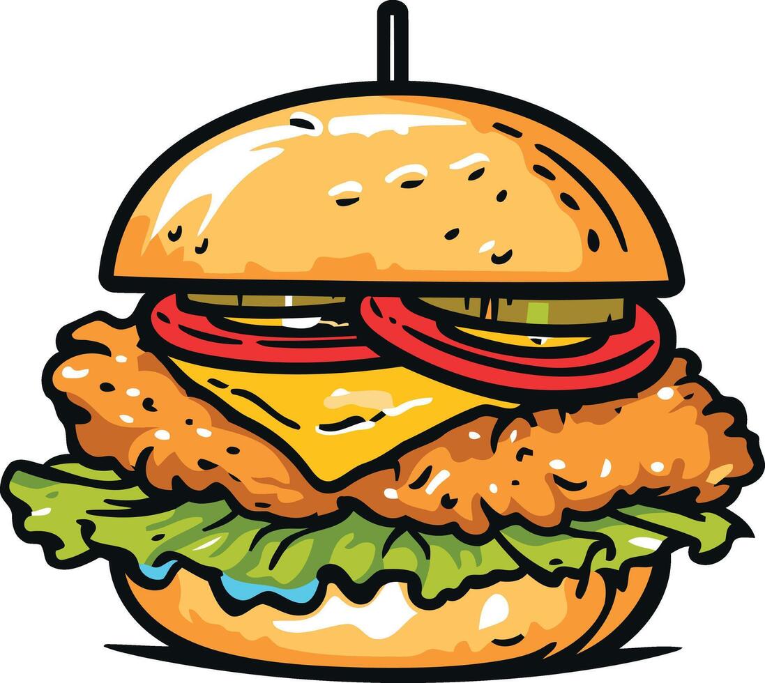 A juicy, cartoon style fried chicken burger with lettuce, cheese, tomato, and pickles vector