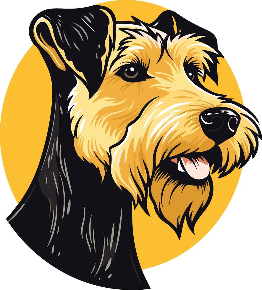A friendly, cartoon style illustration of a wirehaired fox terrier dog with a bright yellow background vector