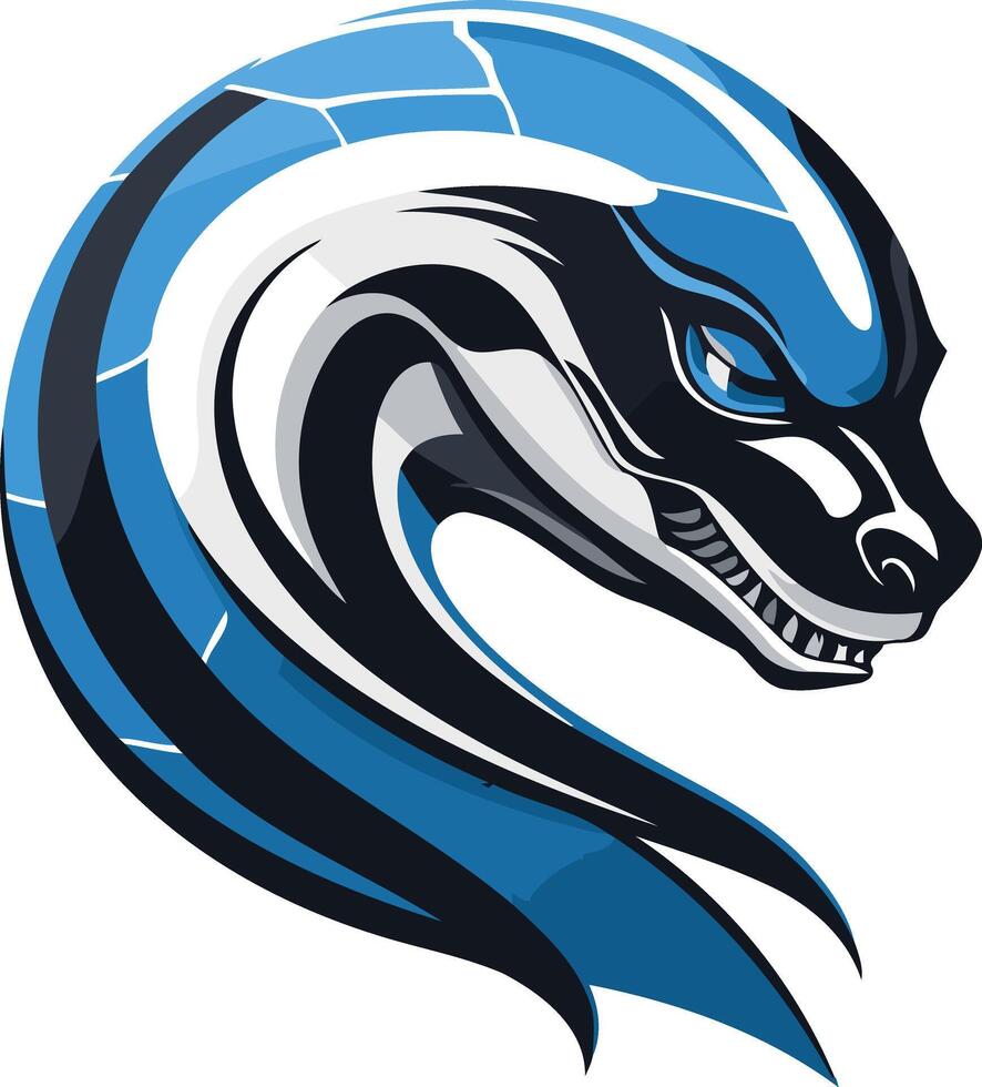 A fierce and stylized blue and black dragon head logo, perfect for gaming, sports, or tech brands seeking a powerful and unique identity vector