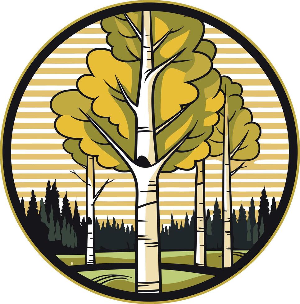 A charming illustration of three stylized trees against a sun drenched striped background vector