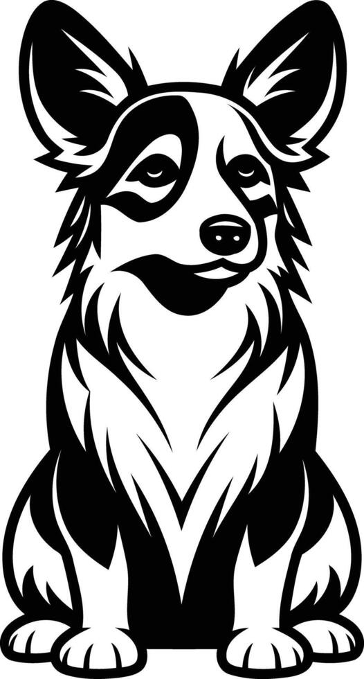 Black and white illustration of a cute, sitting corgi with a happy expression vector