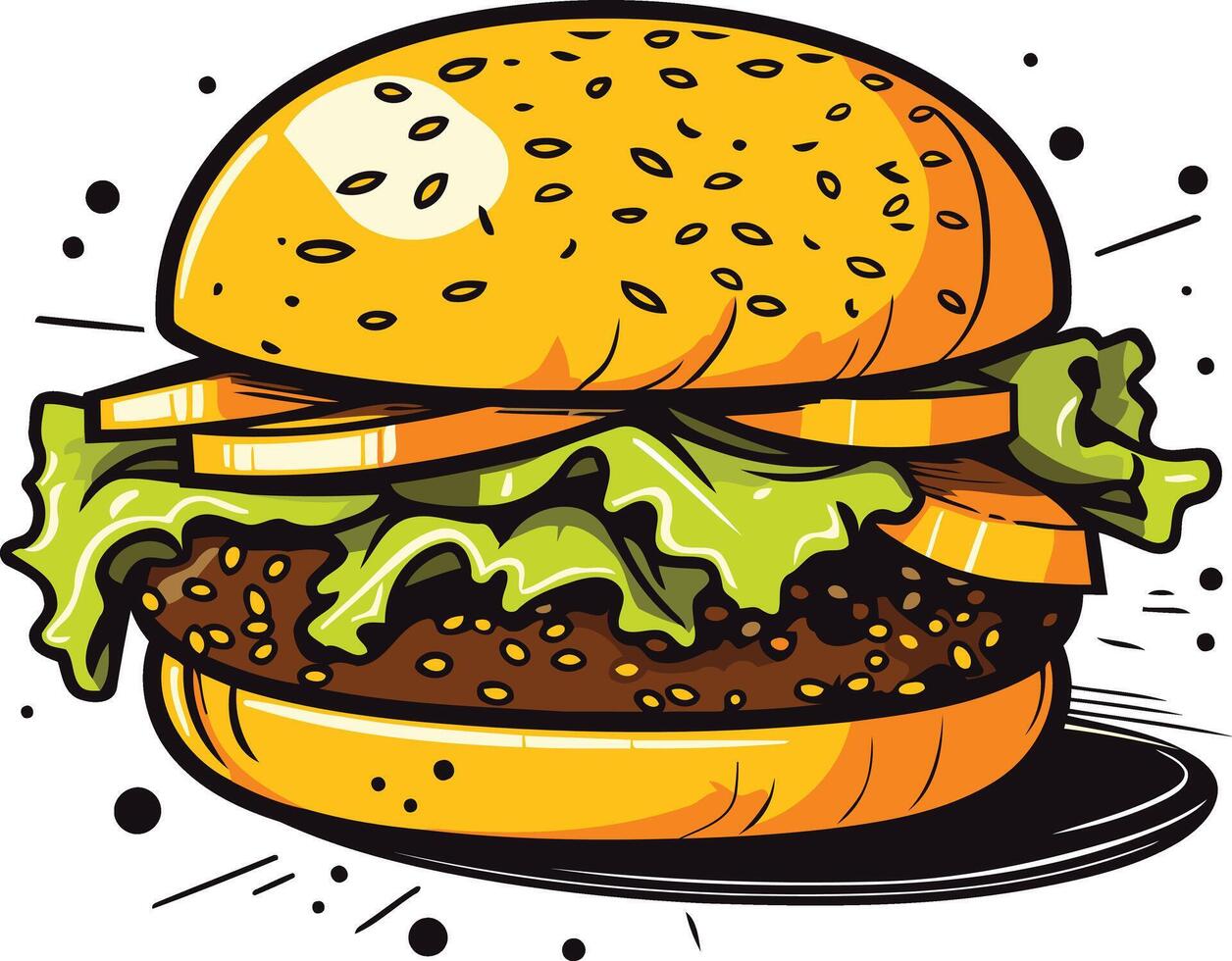 A delicious cartoon burger with sesame seeds, lettuce, and tomato, perfect for menu design, food blogs, and social media posts vector
