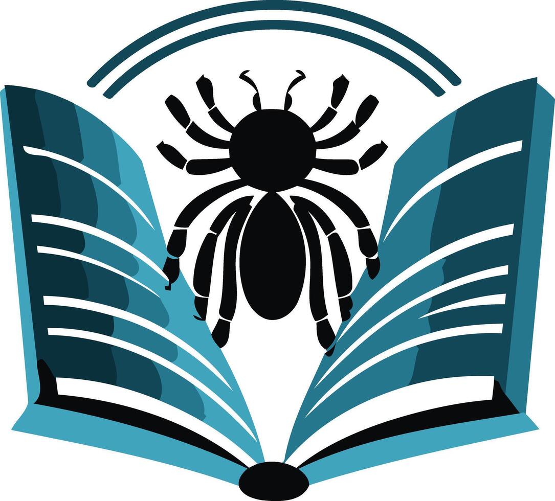 A stylized spider crawls above an open book, suggesting a concept of knowledge, mystery, or perhaps even danger lurking within the pages vector