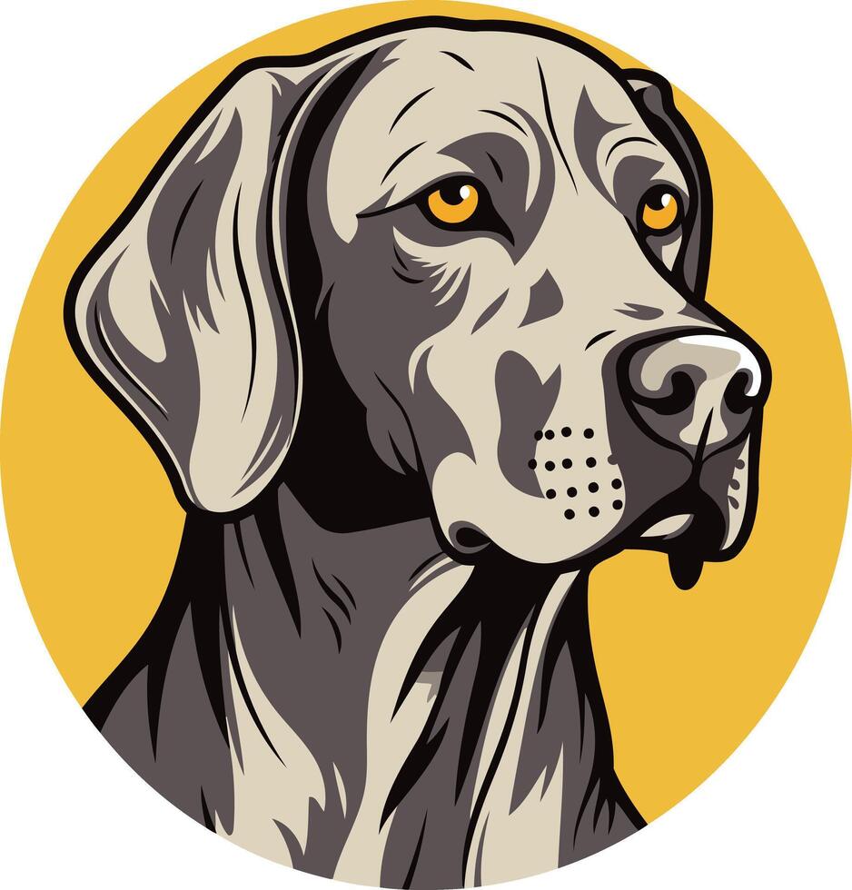 A detailed illustration of a weimaraner dog's head, rendered in a classic, almost vintage style vector
