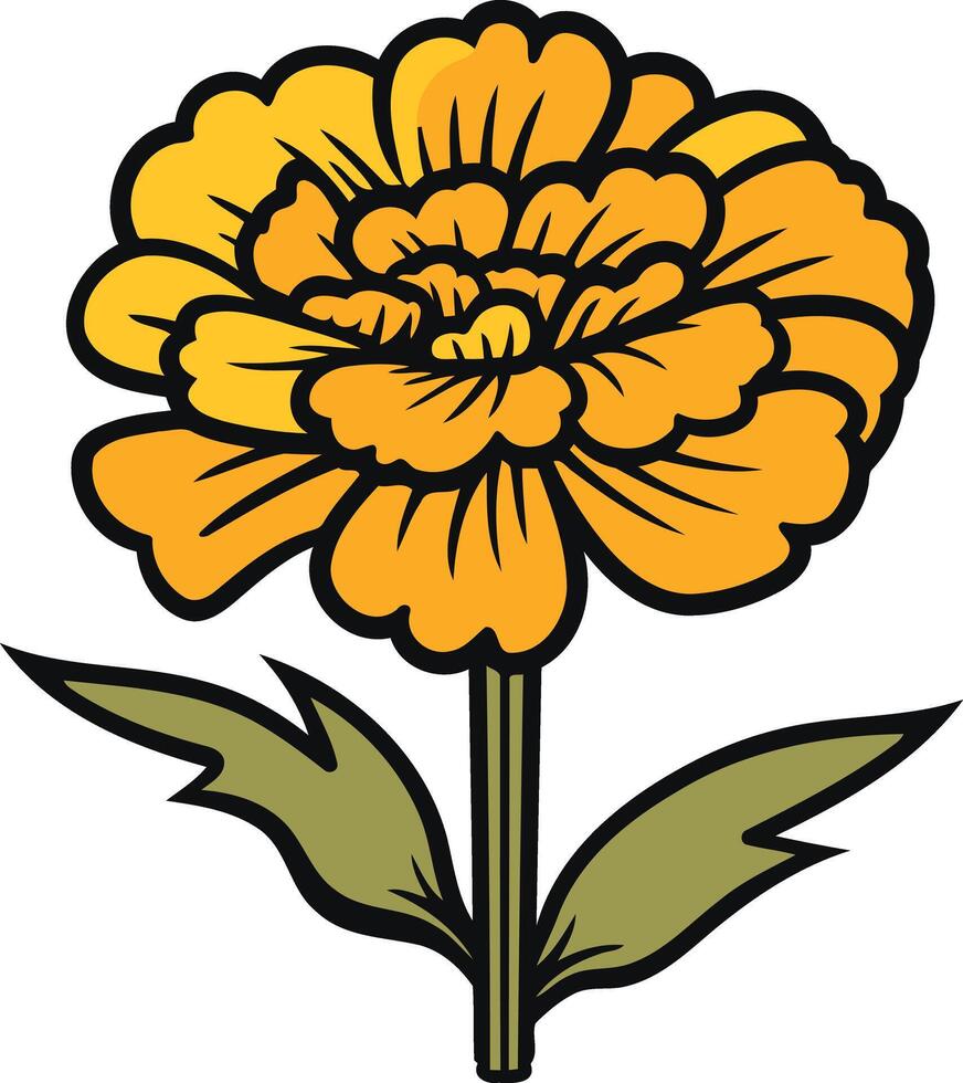 A cheerful, cartoon style illustration of a yellow marigold flower with green leaves, perfect for adding a touch of spring to your designs vector