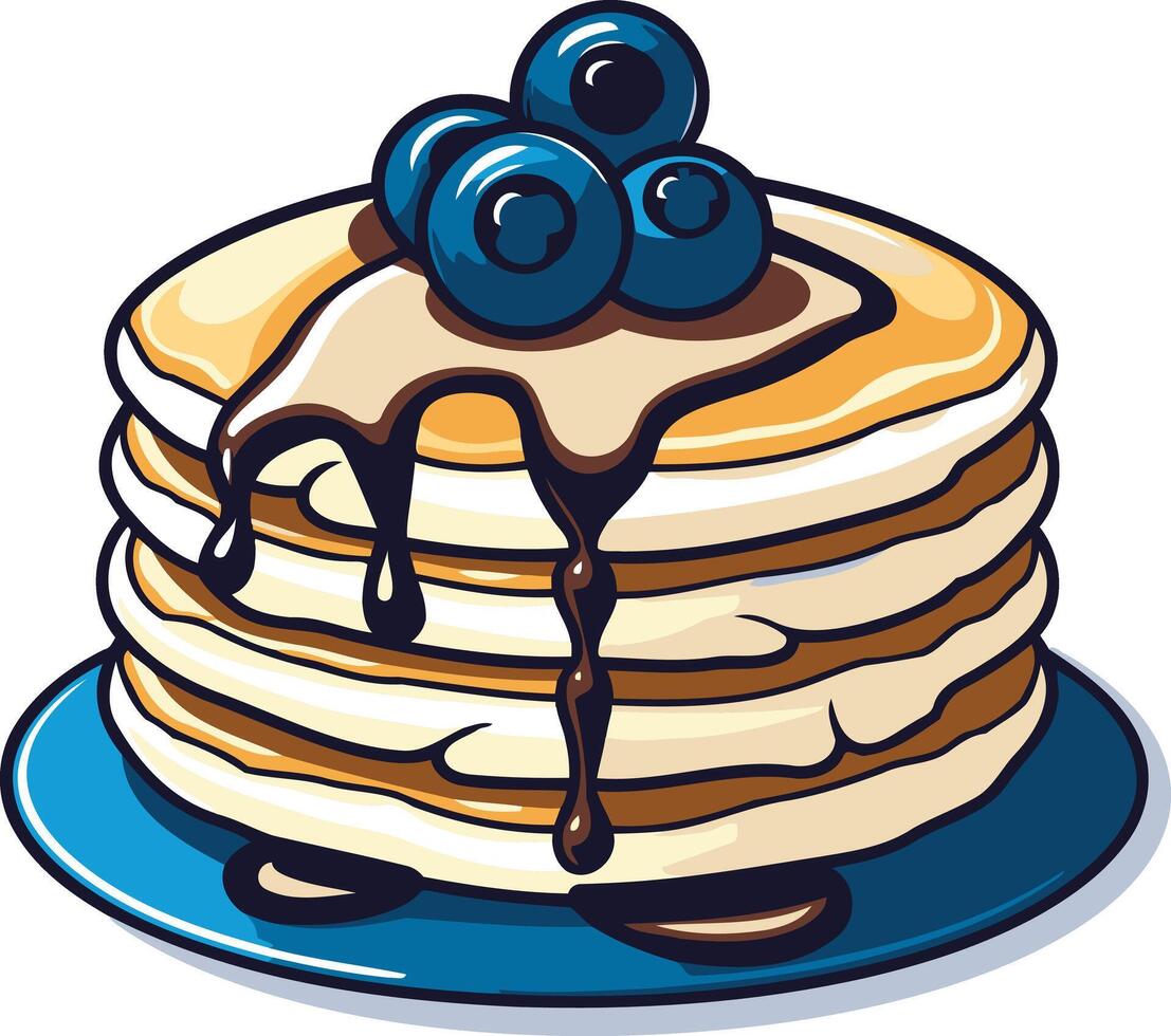 A delicious stack of pancakes with blueberries and chocolate sauce, perfect for a morning meal or dessert vector