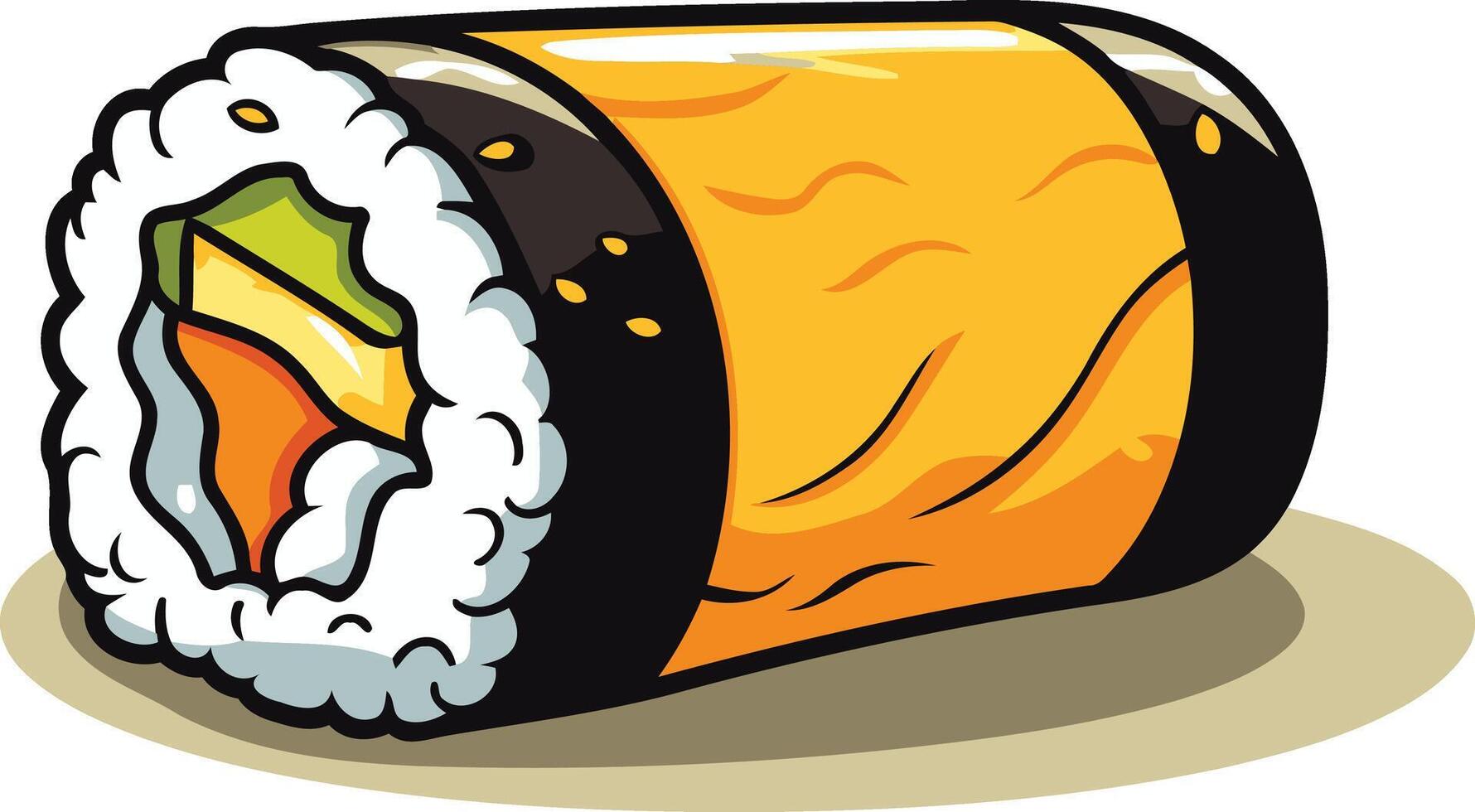 A cartoon illustration of a delicious sushi roll with avocado and salmon filling vector