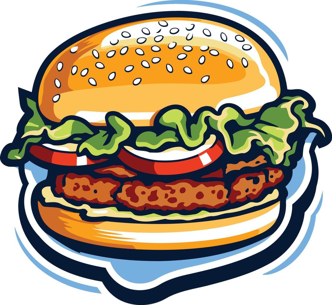A cartoon style illustration of a juicy burger with lettuce, tomato, and sesame seed bun vector
