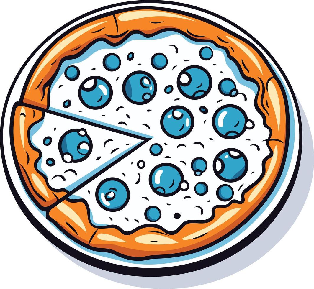 Cartoon pizza with a slice removed, featuring a white cheese topping with blue blueberries vector