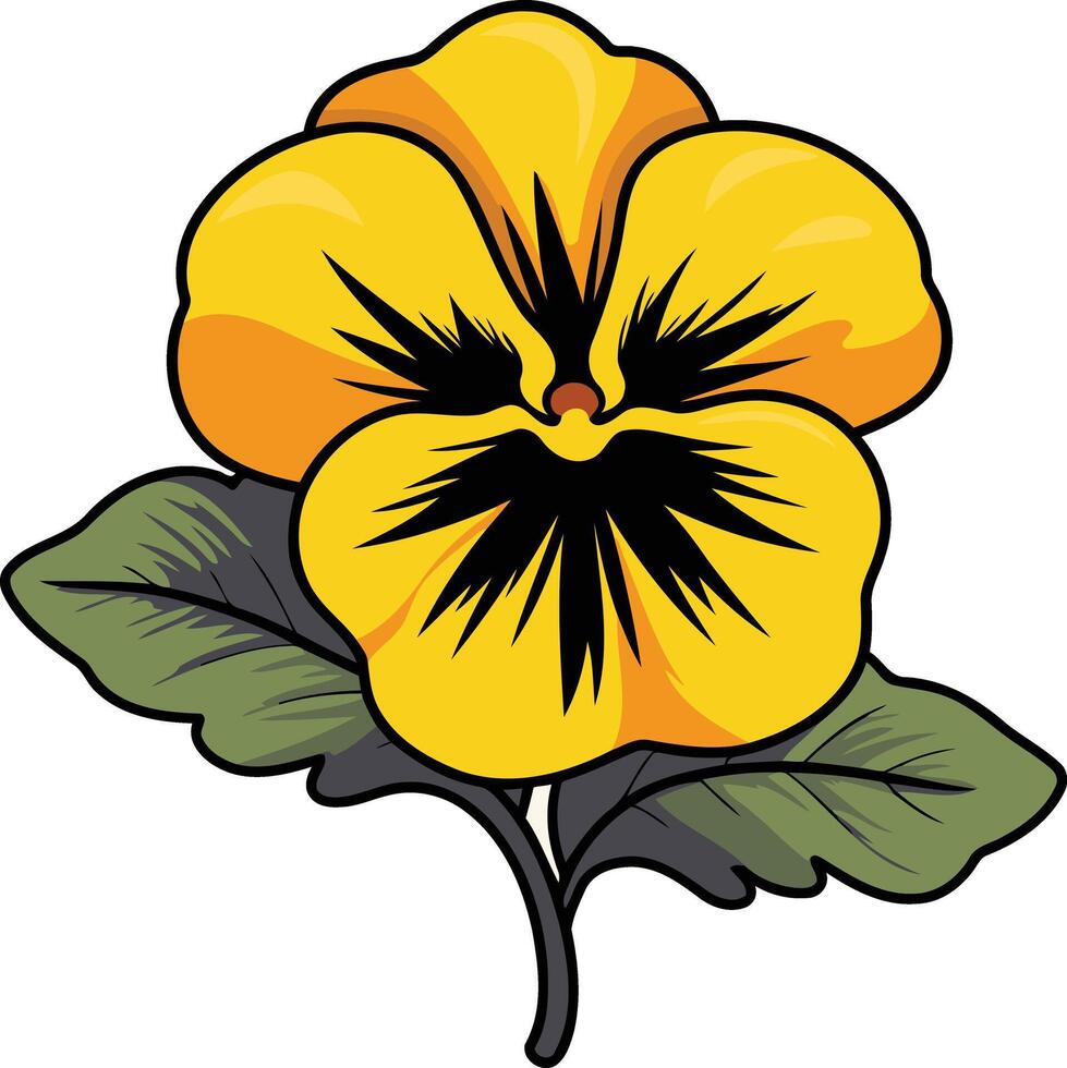 A cheerful yellow pansy flower with black markings on the petals, illustrated in a cartoon style vector