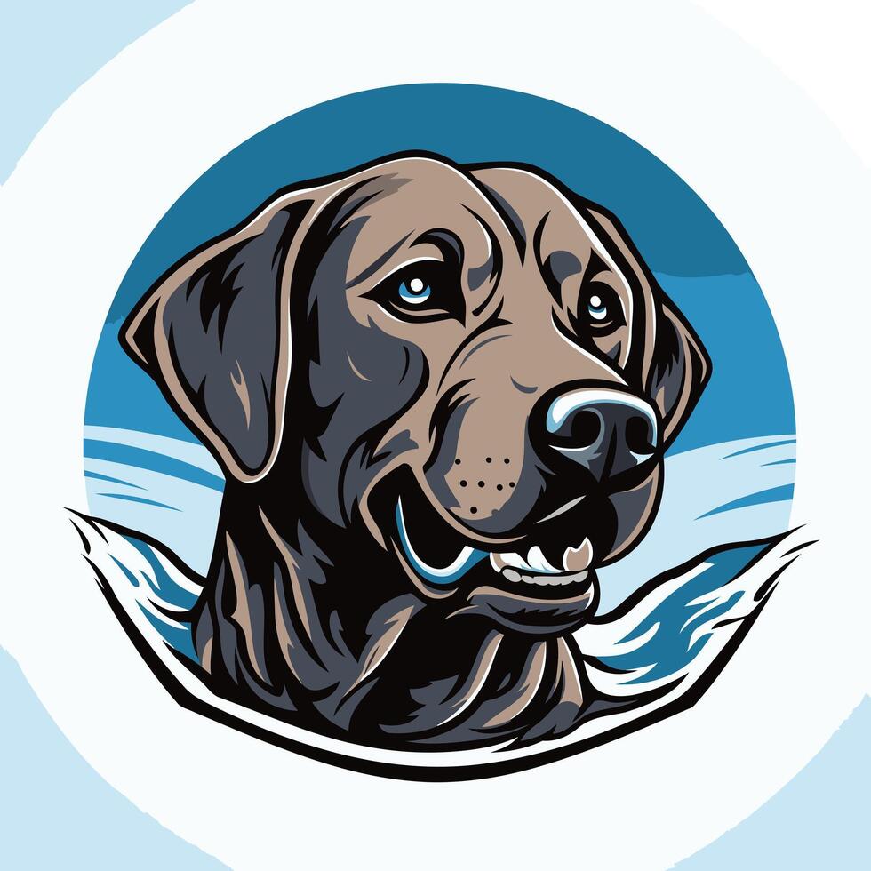 A friendly, cartoon style illustration of a brown labrador retriever's head with a blue background vector