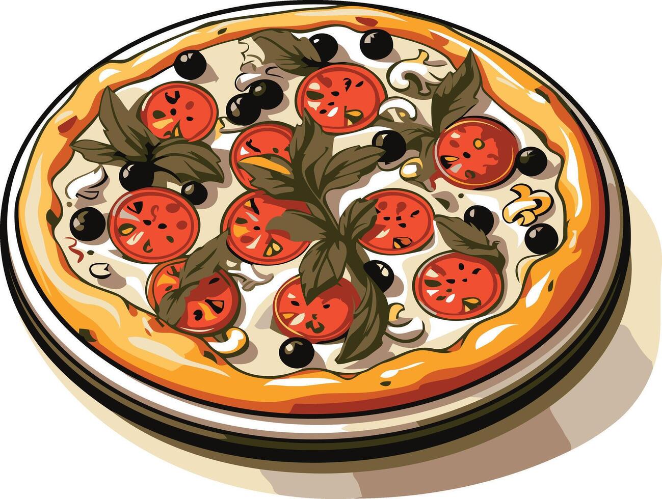 A delicious looking cartoon pizza with tomato, cheese, and basil toppings, perfect for menus, food blogs, and social media vector