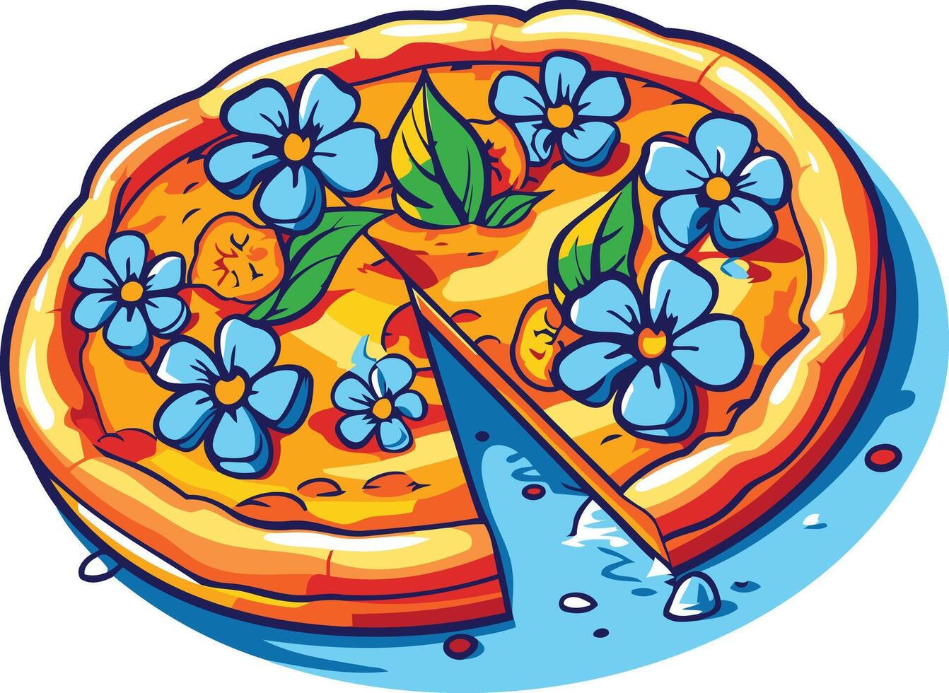 A vibrant illustration of a delicious pizza with a slice removed, adorned with colorful flowers and leaves vector